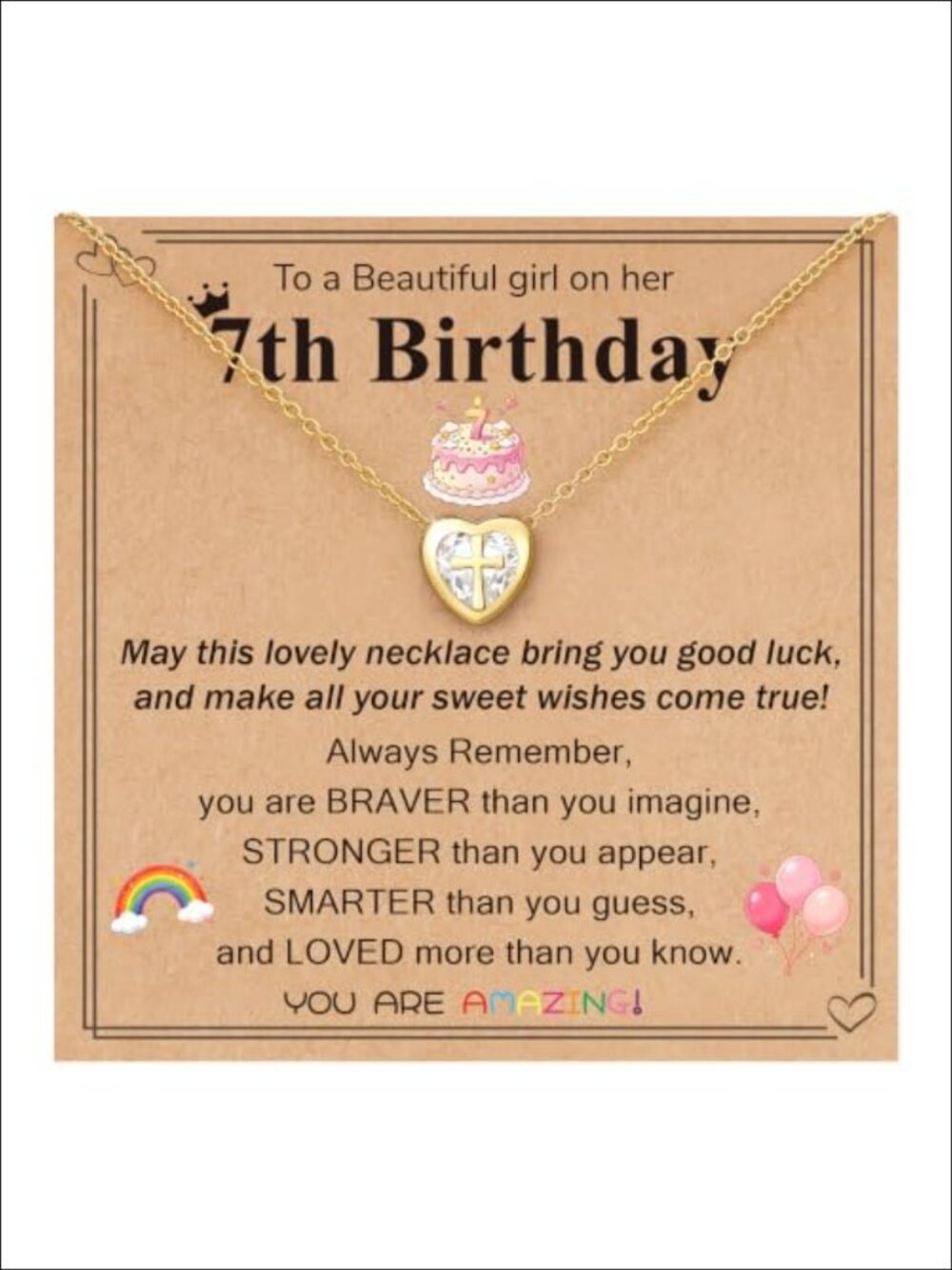 14K Gold Plated Heart Cross Necklace 7th Birthday Gift for Girl